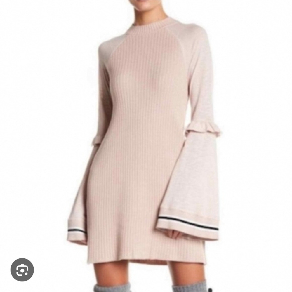 Free People Blush Pink Ribbed Bell-Sleeve Crewneck Sweater Dress - Picture 7 of 7